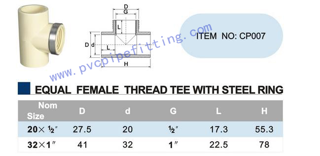 CPVC DIN FITTING EQUAL FEMALE THTREAD TEE WITH STEEL RING SIZE
